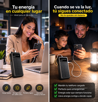 Cargador Solar Portátil 20,000mAh – 5 Puertos y Linterna LED | Evermar